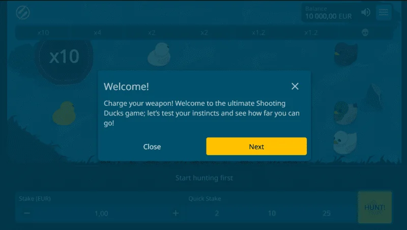 Exploding Ducks – tervitusekraan panuse valikuga
